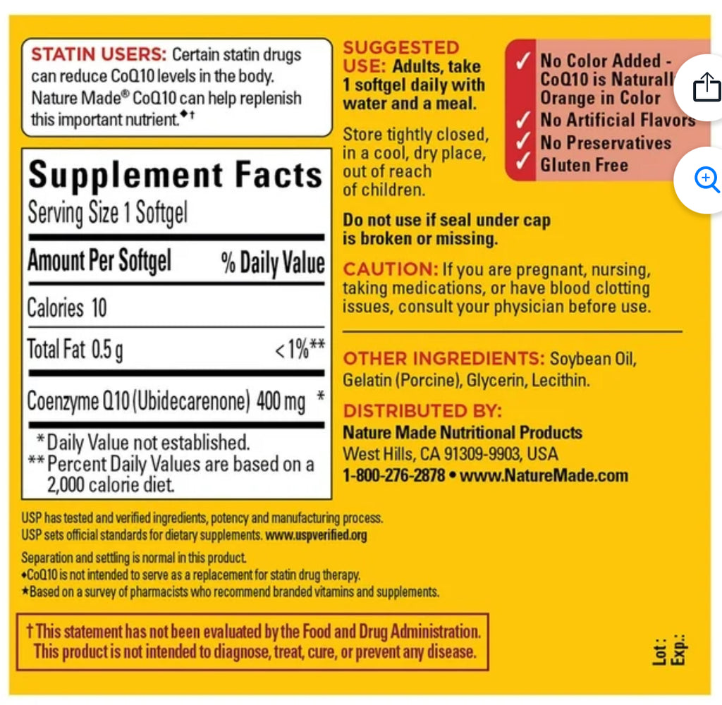 COENZIMA Q10 400MG NATURE MADE - 90 SOFTGELS