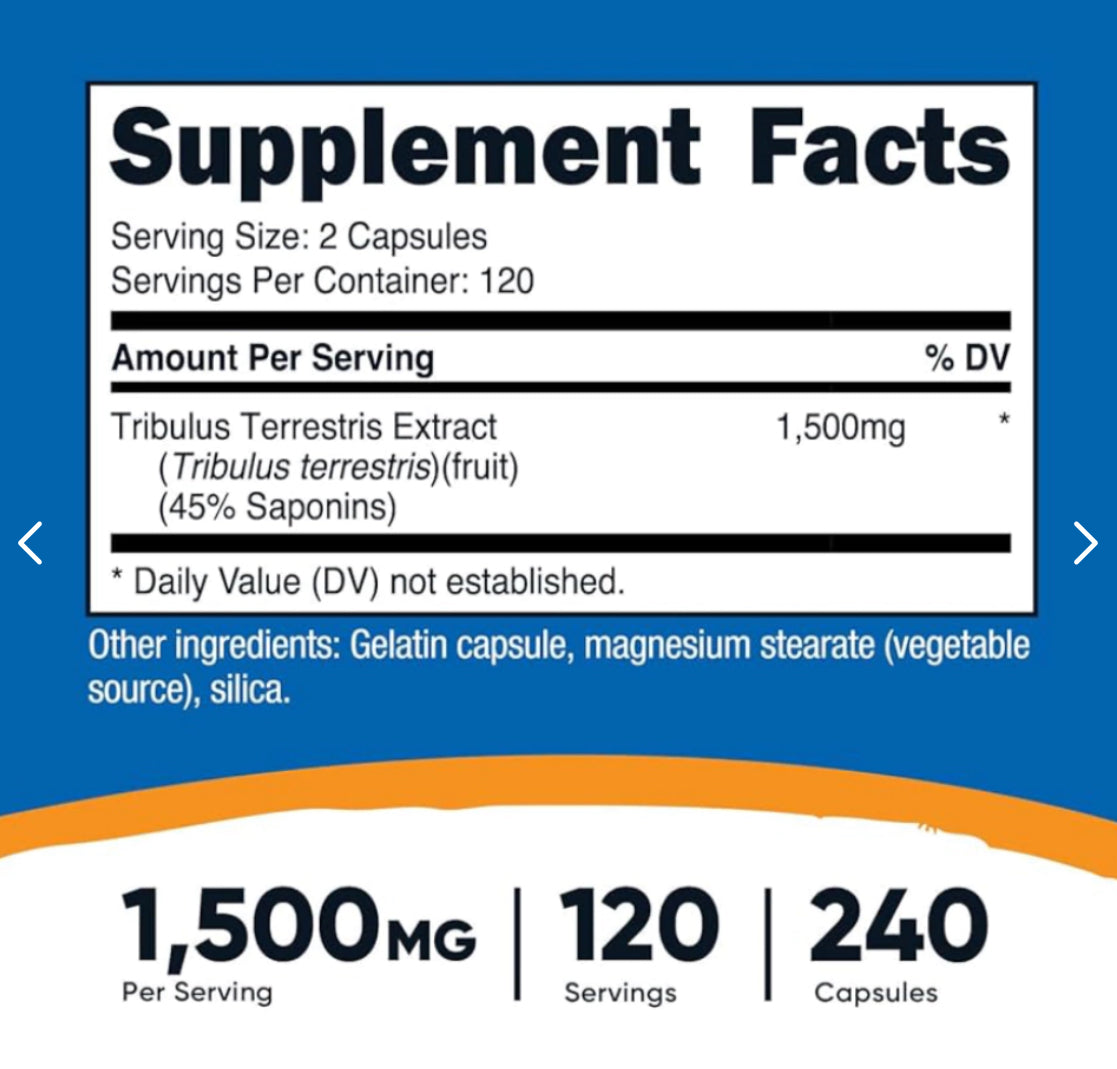 TRIBULUS TERRESTRIS 1500MG IMPORTADO 240 CÁPSULAS (RENDE 4 MESES)