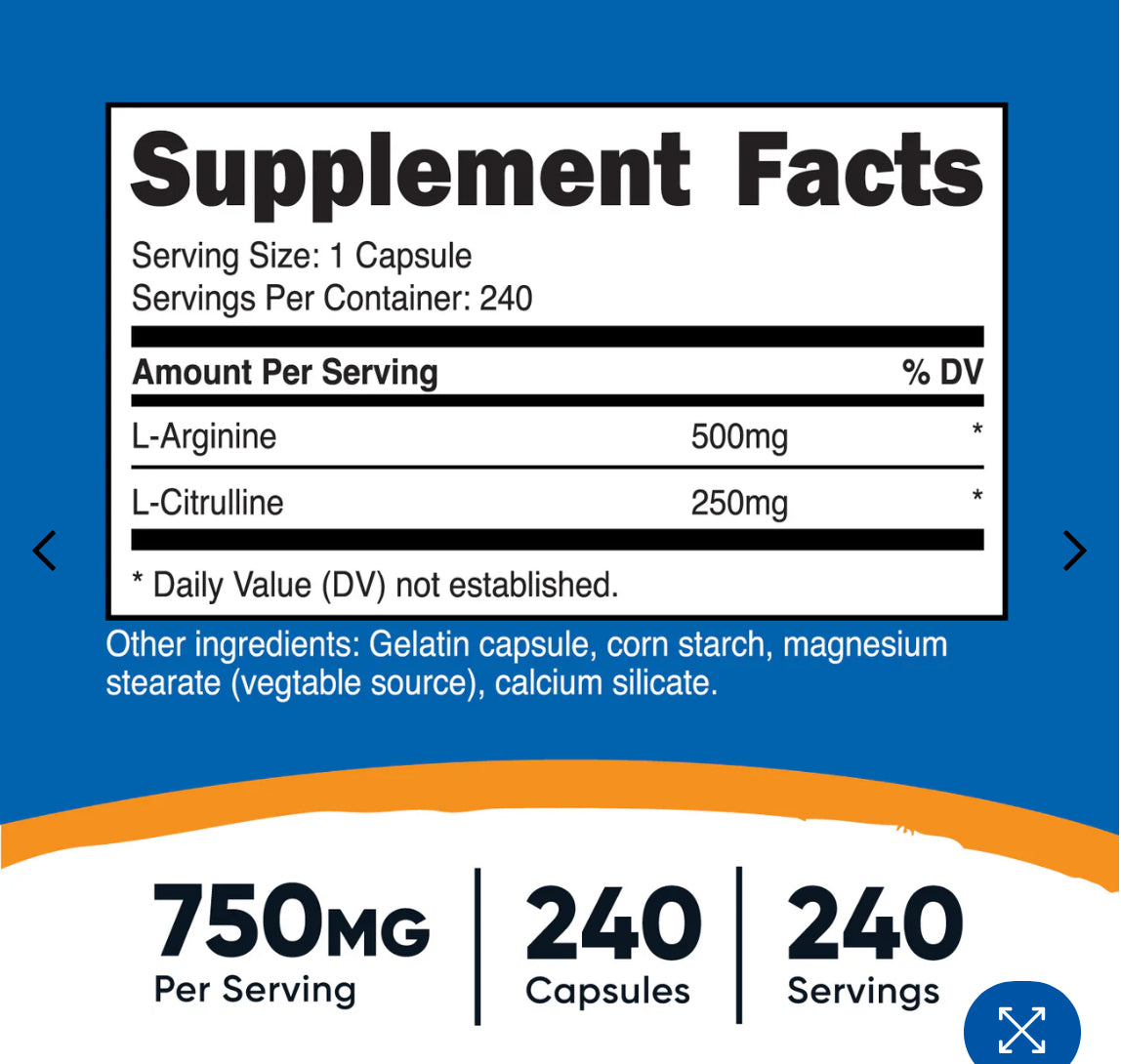 ARGININA + CITRULINA 750MG - 240 DOSES